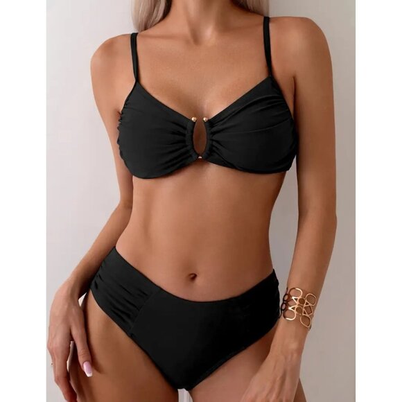 Black High-Waisted Bikini Set size M Gold Accents & Adjustable Straps‎ NEW - Picture 1 of 5
